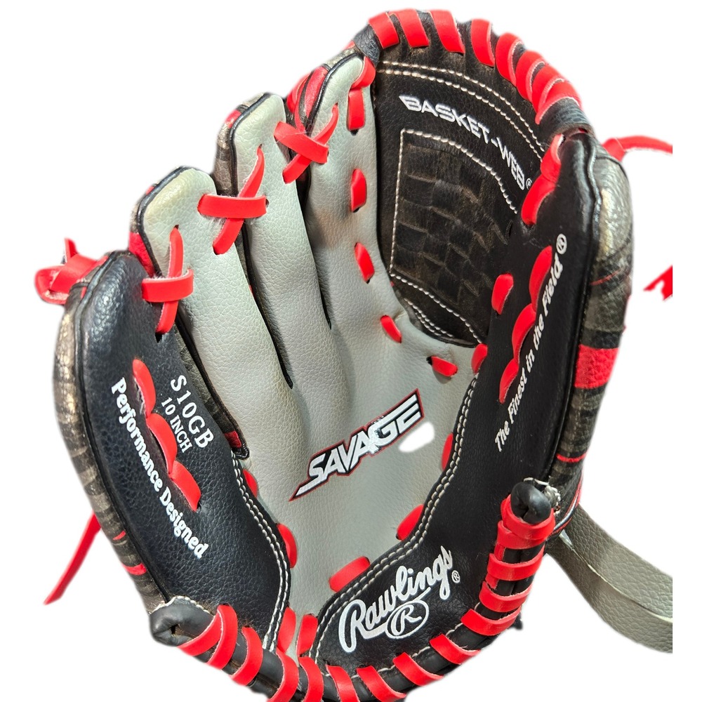Rawlings Savage 10 Inch Youth Baseball Glove Black Red S10GB Basket-Web RH Throw
